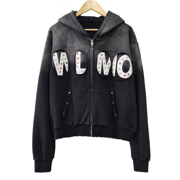Custom Premium Rhinestone Vintage Hoodies Supplier |  Acid-Washed French Terry Hoodie Manufacturer | Raw Hem Wash Outerwear ‌Hoodies Factory