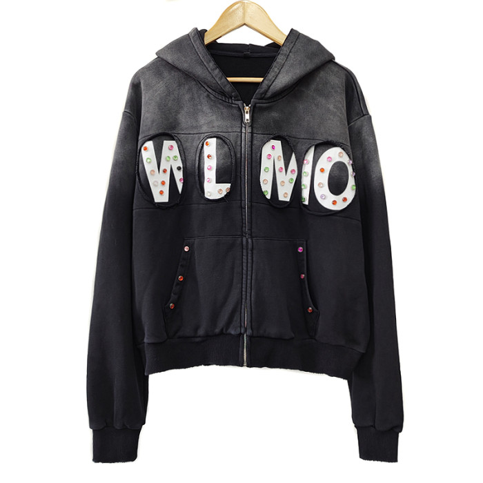 Custom Premium Rhinestone Vintage Hoodies Supplier |  Acid-Washed French Terry Hoodie Manufacturer | Raw Hem Wash Outerwear ‌Hoodies Factory