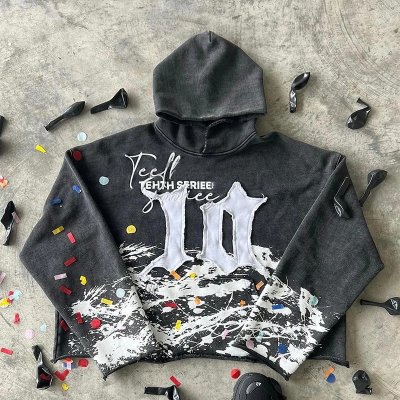 Boxy sunfaded wash French terry cropped hoodie with embroidery patch