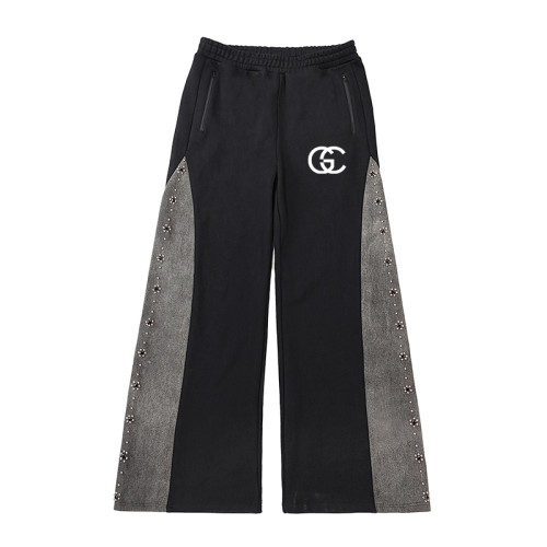 Oversized Sweatpants Manufacturer | Custom Baggy Colorblock Sport Pant | Wholesale Wash Embroidered Pant With Beading Wide Leg Mopping Pant Supplier