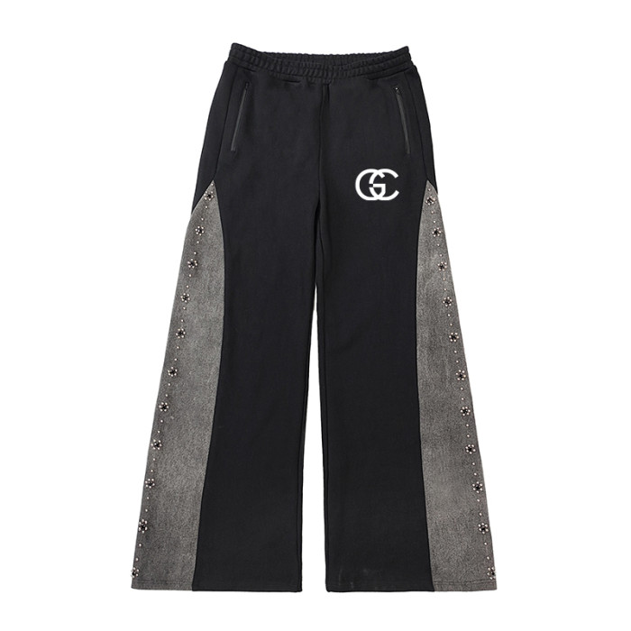 Oversized Sweatpants Manufacturer | Custom Baggy Colorblock Sport Pant | Wholesale Wash Embroidered Pant With Beading Wide Leg Mopping Pant Supplier