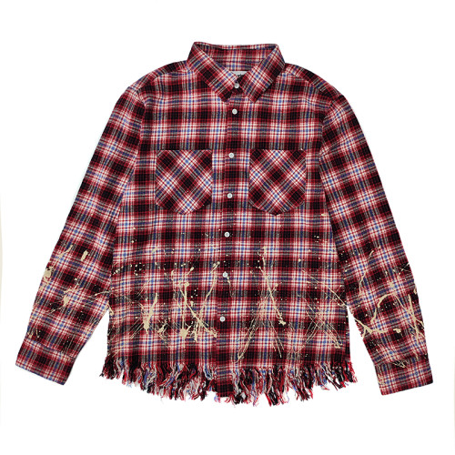 Best Clothing Manufacturers | Custom Wash Streetwear Vintage Casual Shirts | Baggy Oversized Fringe Long Sleeves  Plaid Shirts Supplier