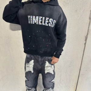 Custom Made Vintage Hoodies Manufacturer | Premium French Terry Acid Washed Rhinestone Oversized Hoodie For Men