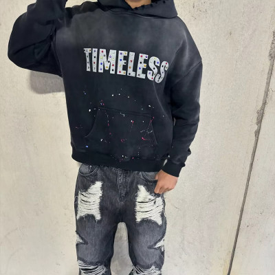 Custom Made Vintage Hoodies Manufacturer | Premium French Terry Acid Washed Rhinestone Oversized Hoodie For Men