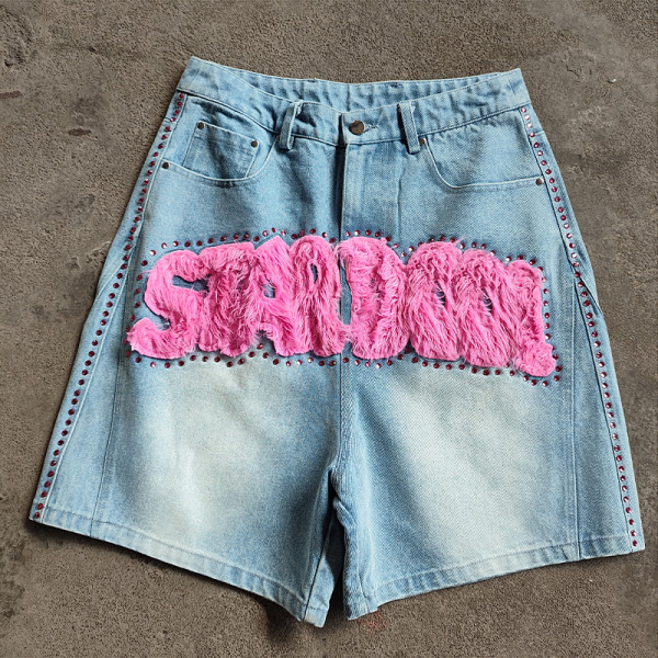 Rhinestone Shorts Manufacturer | Plus Size Denim Short With Tassel Embroidered Patch | Custom Streetwear Clothing Supplier