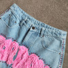 Rhinestone Shorts Manufacturer | Plus Size Denim Short With Tassel Embroidered Patch | Custom Streetwear Clothing Supplier