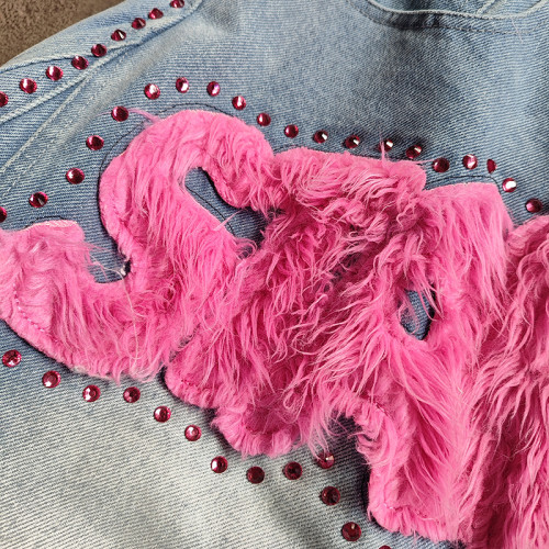 Rhinestone Shorts Manufacturer | Plus Size Denim Short With Tassel Embroidered Patch | Custom Streetwear Clothing Supplier
