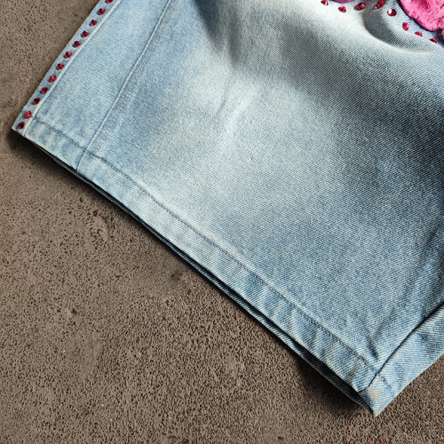 Rhinestone Shorts Manufacturer | Plus Size Denim Short With Tassel Embroidered Patch | Custom Streetwear Clothing Supplier