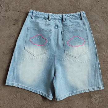 Rhinestone Shorts Manufacturer | Plus Size Denim Short With Tassel Embroidered Patch | Custom Streetwear Clothing Supplier