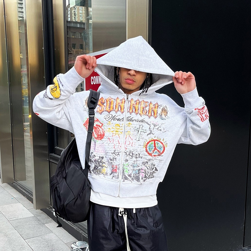 Vintage-inspired heavyweight graphic hoodie with cracked DTG print, custom made in Dongguan, China for global streetwear brands