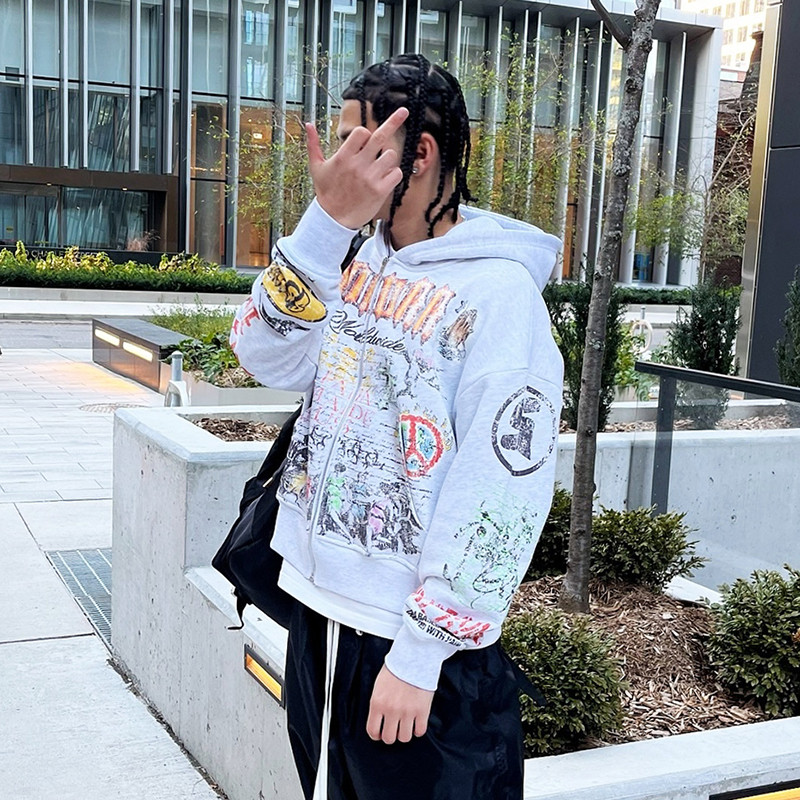 All-over print streetwear hoodie with bold retro graphics and premium 400gsm French Terry fabric