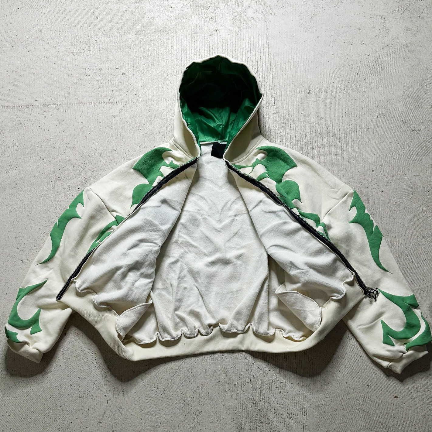 Cream and green oversized puff print hoodie with custom full-zip designs