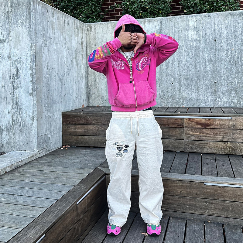 Cropped washed hoodie with retro crackle DTG print and full-zip, crafted by a Chinese hoodie manufacturer for creative DTC brands