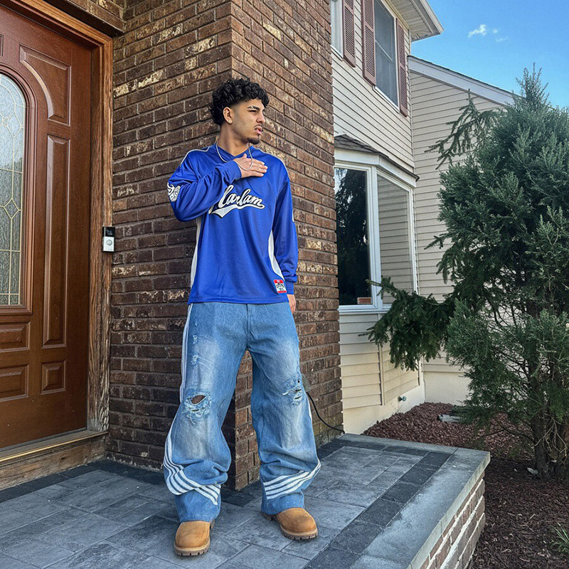 Custom oversized blue jersey – drop shoulder fit, silkscreen print, made in China by jersey manufacturer for streetwear brands