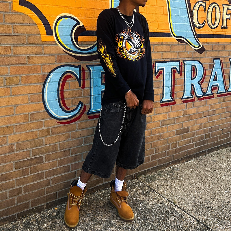 custom t shirt oem manufacturer China, graphic long sleeve tee, fire print streetwear, US market, oversized fit