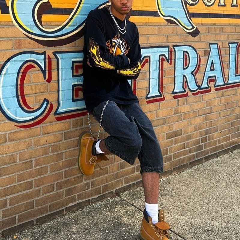 custom graphic t shirt manufacturer China, oversized fire print tee for US streetwear brand