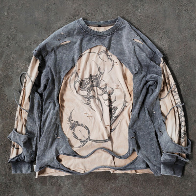 Sweatshirt Manufacturer | Custom Double Layer Distressed Acid Wash Sweatshirt Clothing Supplier