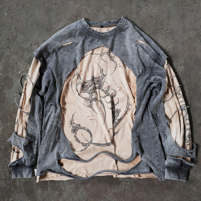 Sweatshirt Manufacturer | Custom Double Layer Distressed Acid Wash Sweatshirt Clothing Supplier