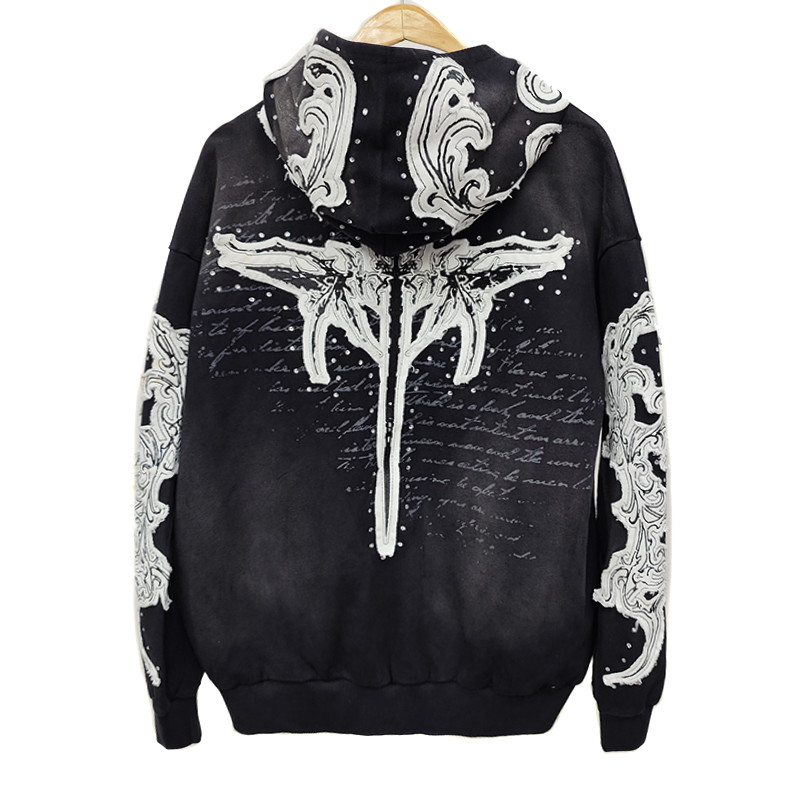 Custom DTG and rhinestone hoodie by Groovecolor, embroidered patch details for premium China-based streetwear labels