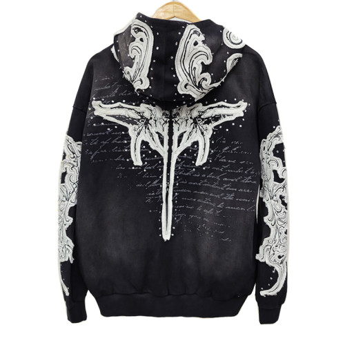 Custom Embroidered Hoodie Manufacturer | Vintage Style with DTG Print & Rhinestone | Custom Streetwear Clothing Supplier