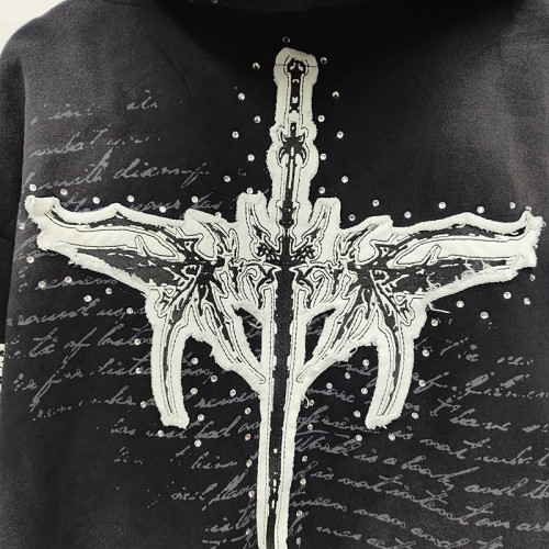 Custom Embroidered Hoodie Manufacturer | Vintage Style with DTG Print & Rhinestone | Custom Streetwear Clothing Supplier