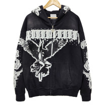 Custom Embroidered Hoodie Manufacturer | Vintage Style with DTG Print & Rhinestone | Custom Streetwear Clothing Supplier