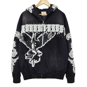 Custom Embroidered Hoodie Manufacturer | Vintage Style with DTG Print & Rhinestone | Custom Streetwear Clothing Supplier