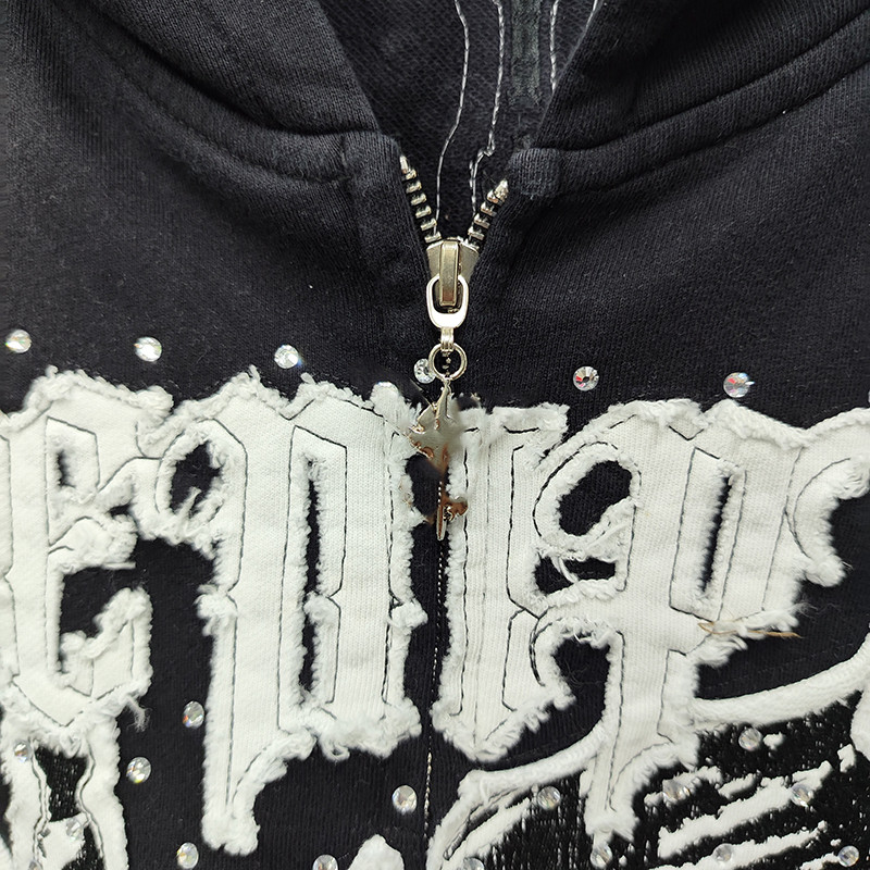 vintage patch hoodie with rhinestones, Groovecolor embroidered hoodie manufacturer for EU fashion brands