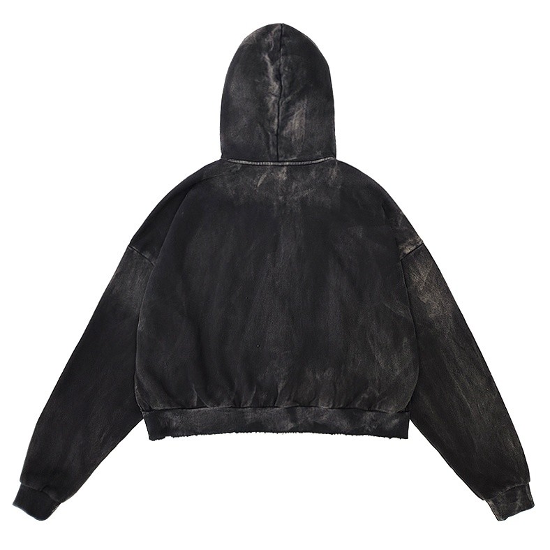 Oversized acid wash hoodie with hand-distressed hem and bold front graphics, manufactured by Groovecolor in China