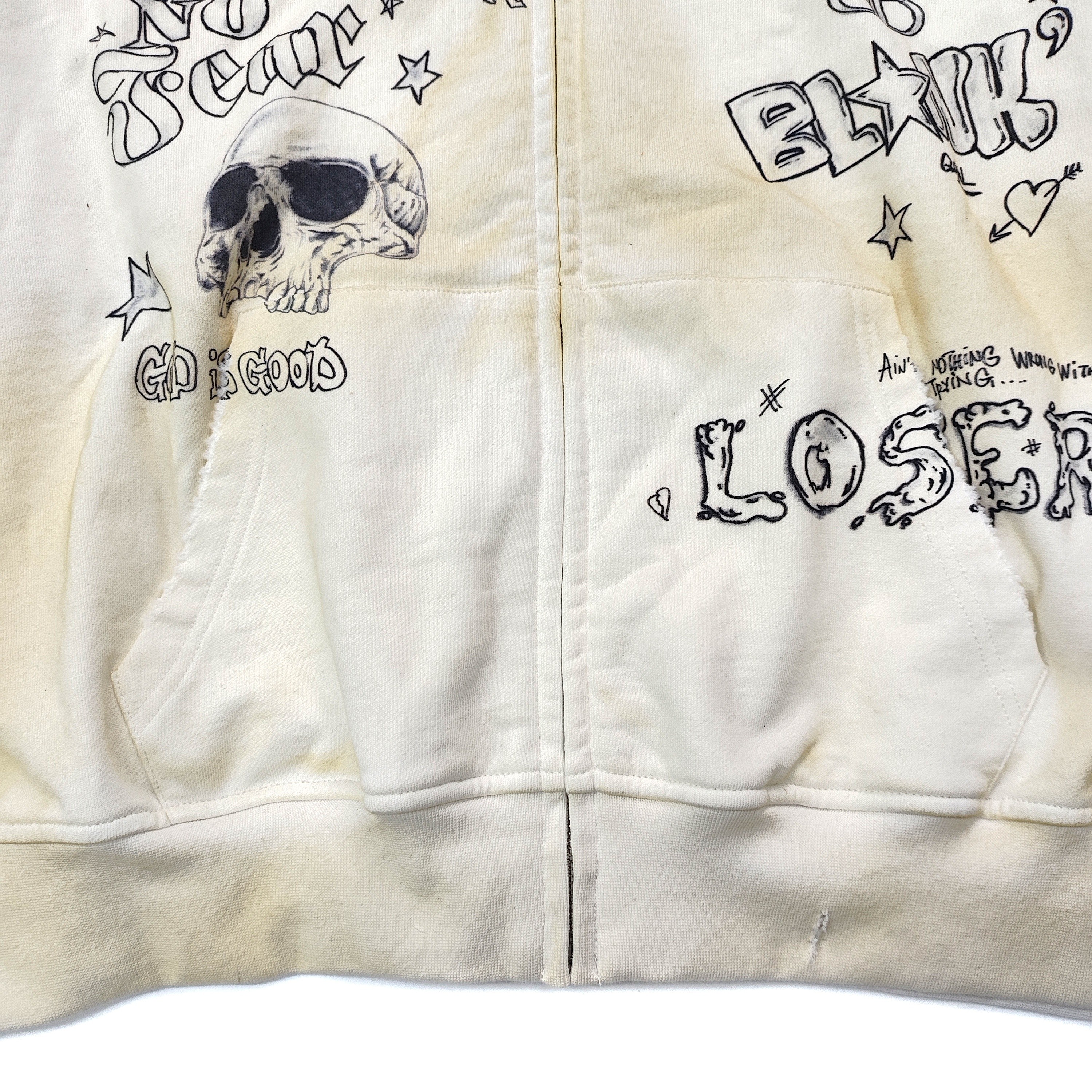 Bold graffiti-style graphic hoodie with gothic lettering and patchwork embroidery, custom hoodie supplier Groovecolor