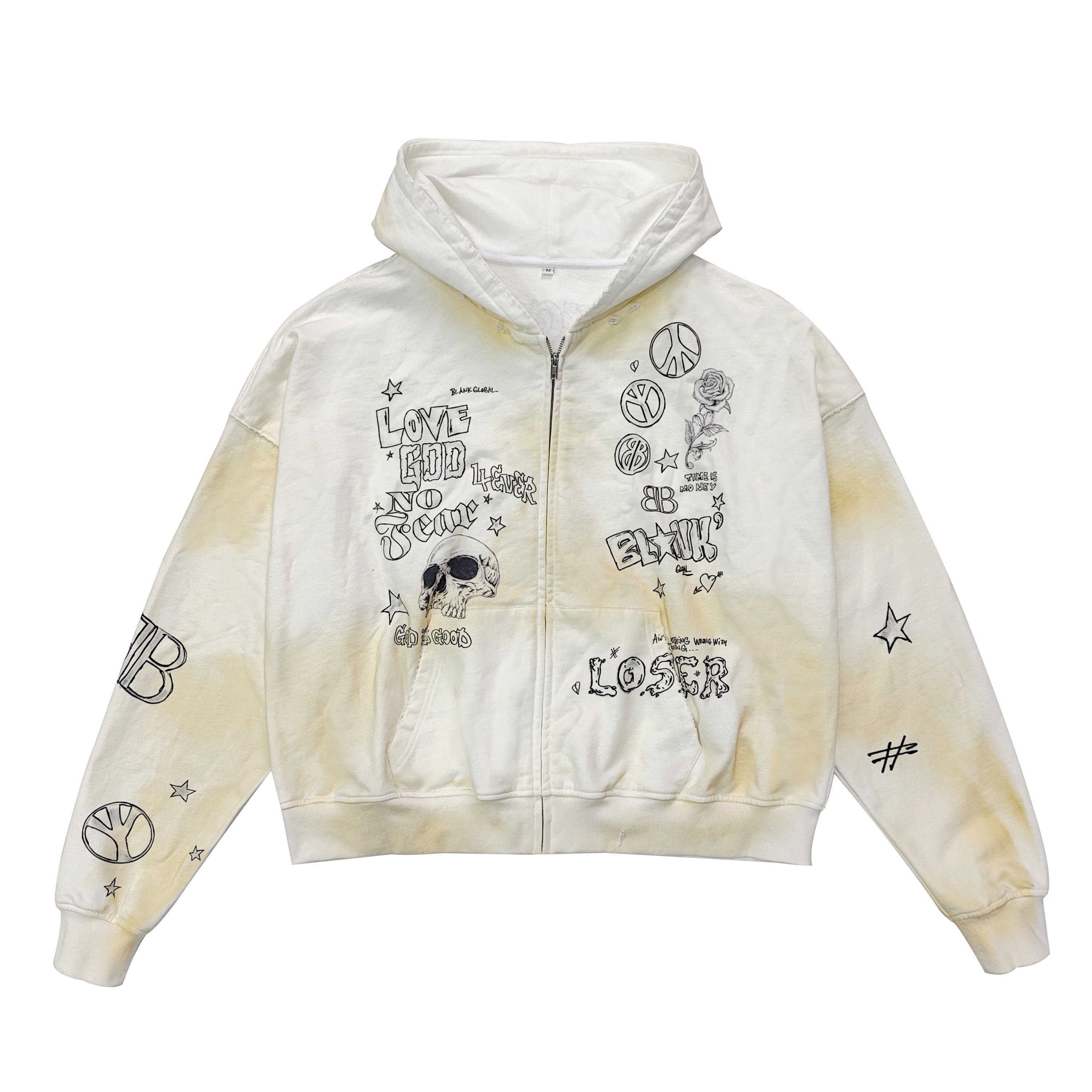 DTG printed hoodie with punk-inspired varsity letters and rhinestones by Groovecolor for US streetwear brands