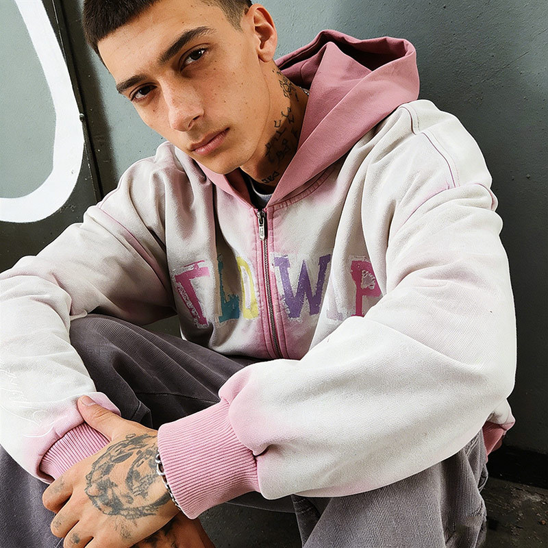 Groovecolor pastel custom acid wash hoodie with FLOWAR letters and cropped rib hem, China-based streetwear manufacturer for US and EU brands.