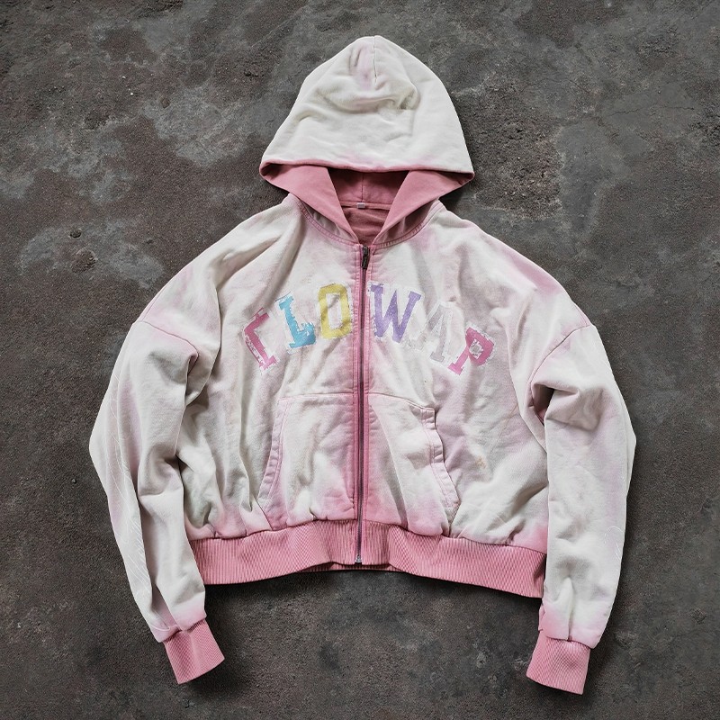 Double-layer hood in cream and pink on Groovecolor custom acid wash hoodie, oversized streetwear piece for London and Berlin labels.