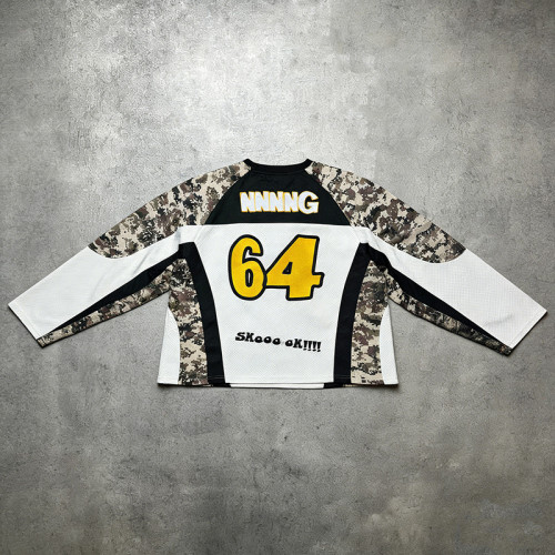 Custom Streetwear Manufacturer | Best Quality Embroidered Camo Sleeve T Shirts Vendor | Oversized Mesh Graphic Varsity-style Tee Supplier
