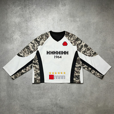 Custom Streetwear Manufacturer | Best Quality Embroidered Camo Sleeve T Shirts Vendor | Oversized Mesh Graphic Varsity-style Tee Supplier