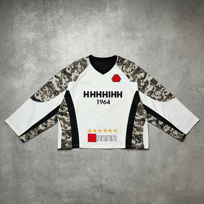 Custom Streetwear Manufacturer | Best Quality Embroidered Camo Sleeve T Shirts Vendor | Oversized Mesh Graphic Varsity-style Tee Supplier