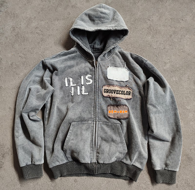 Custom Heavyweight Hoodies Manufacturer | Oversided Retro Embroidery Patch Zip-Up Hoodie Supplier | Wholesale Men's Raw Hem Hoodies