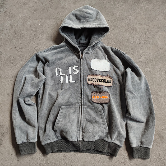 Custom Heavyweight Hoodies Manufacturer | Oversided Retro Embroidery Patch Zip-Up Hoodie Supplier | Wholesale Men's Raw Hem Hoodies