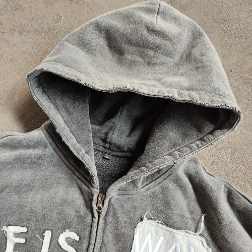 Custom Heavyweight Hoodies Manufacturer | Oversided Retro Embroidery Patch Zip-Up Hoodie Supplier | Wholesale Men's Raw Hem Hoodies