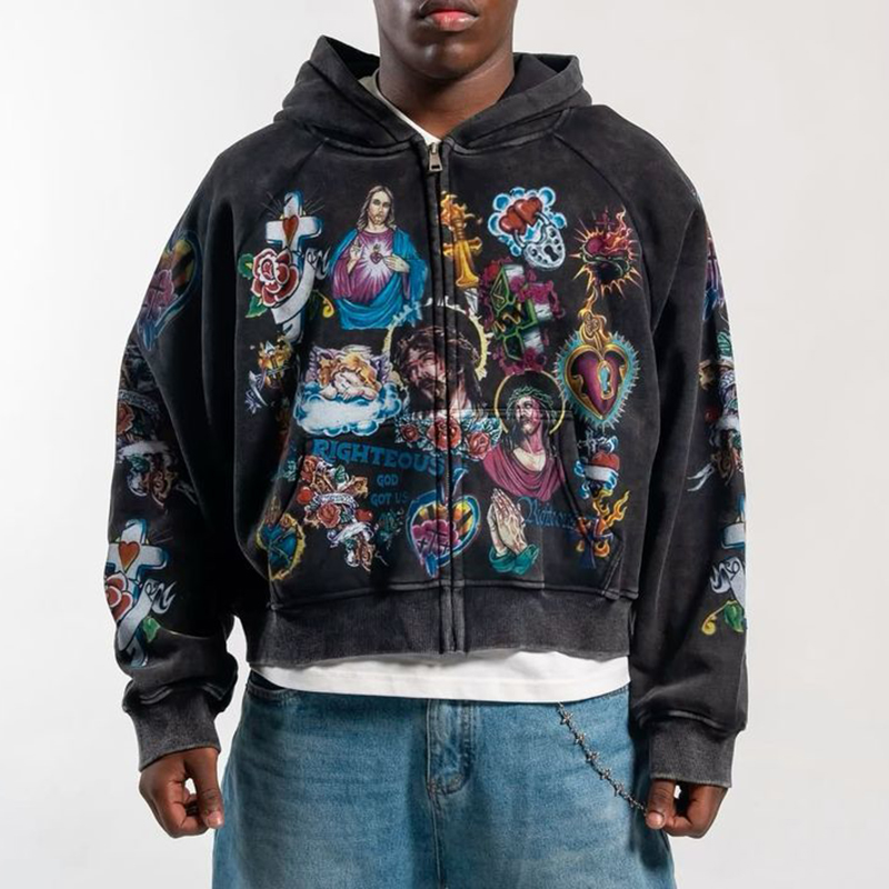 A detailed shot of a custom retro wash hip hop hoodie, showcasing the unique texture and color variations achieved through a specialized washing process by a top China clothing manufacturer.