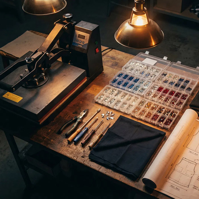 Quality control inspection of rhinestone adhesion on heavyweight hoodie fabric in China factory