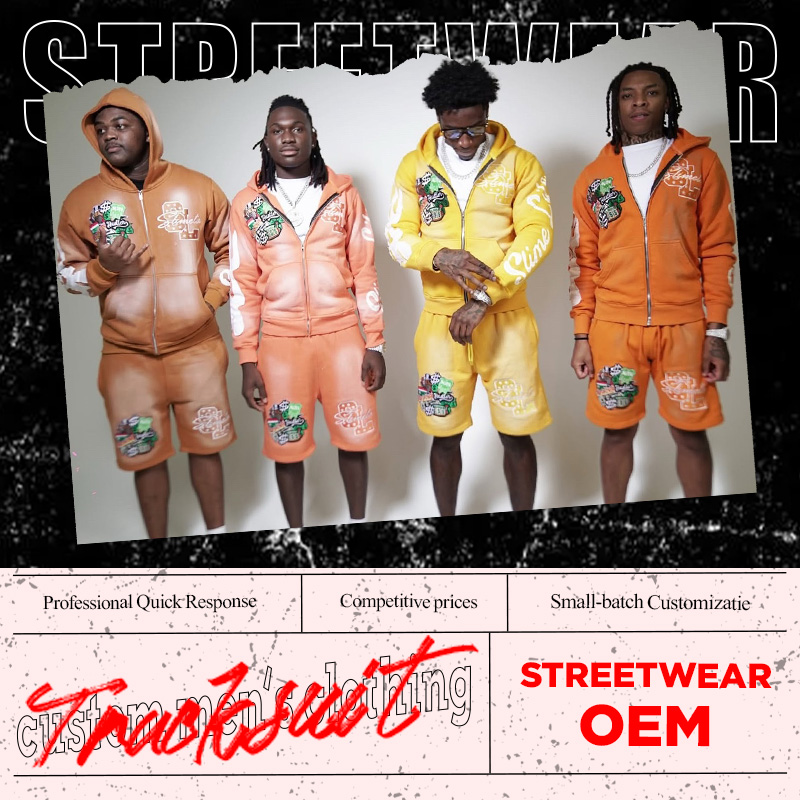 Custom heavyweight sweatsuit set production line at a streetwear factory in Dongguan, China