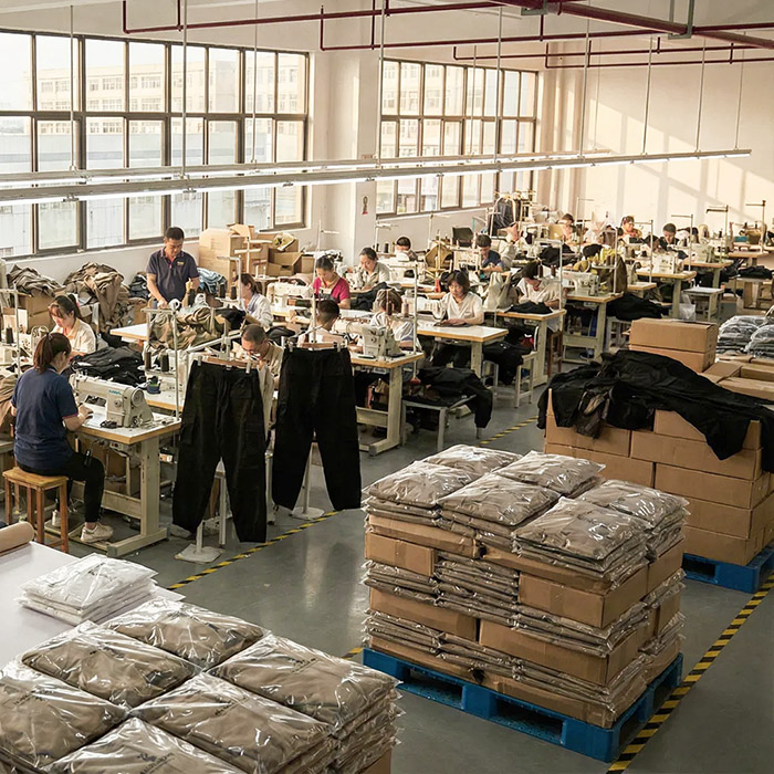 Private-label streetwear clothing production floor in Dongguan China with quality inspection stations