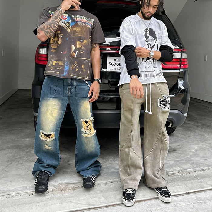 Heavyweight fabric inspection at a China-based streetwear clothing factory for innovative brands