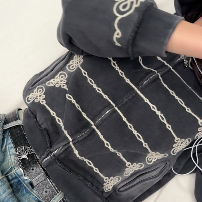 Quality control in streetwear manufacturing line showing high gsm french terry full zip hoodie custom production