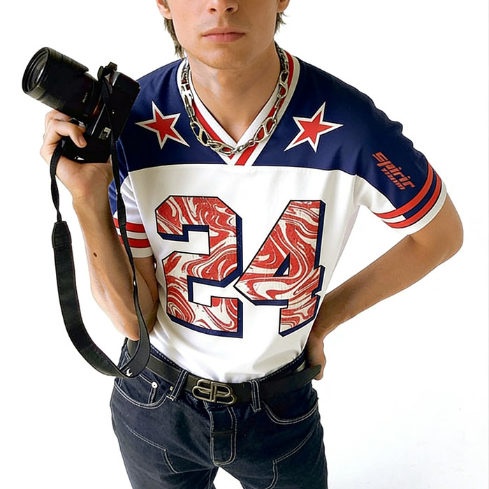 Retro football shirts and warm-up jackets styled as streetwear in Dongguan production facility