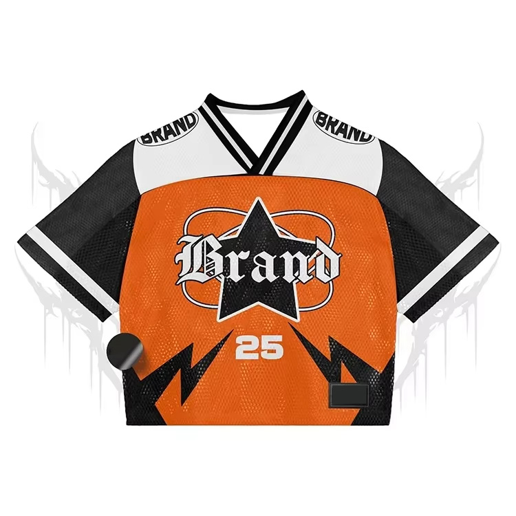 Football jersey styled as streetwear with baggy denim in urban setting