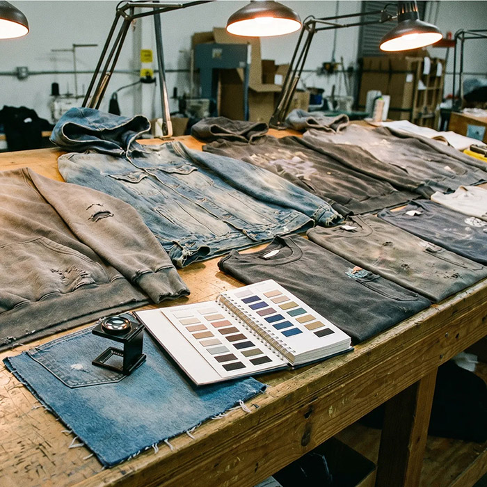 Quality control in streetwear manufacturing for destruction effects and distressed denim