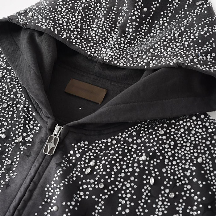 China-based custom vintage rhinestone hoodie manufacturing for streetwear brands