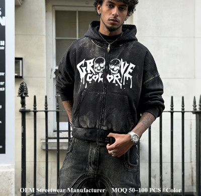 Custom Acid Wash Hoodie Manufacturer | Distressed Streetwear with Graffiti Prints | Vintage Clothing Factory